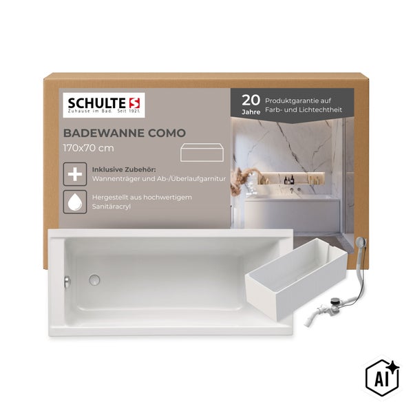 Schulte Badewanne Como 170 mal 70 Zentimeter aus Sanitäracryl inklusive Wannenträger und Ab- und Überlaufgarnitur in einer Produktverpackung