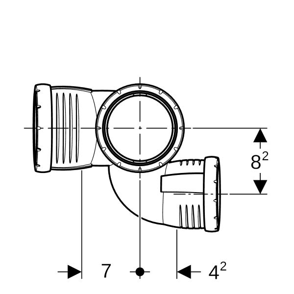 Technische Zeichnung eines Rohrformstücks mit Maßangaben für einen Abzweig.