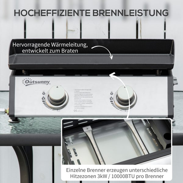 Outsunny Gasgrill, Tischgrill, BBQ mit 2 Brennern, mit Schlauch, Antihaft-Grillplatte, 48,5 x 46 x 21 cm, Edelstahl+Metall, Silber