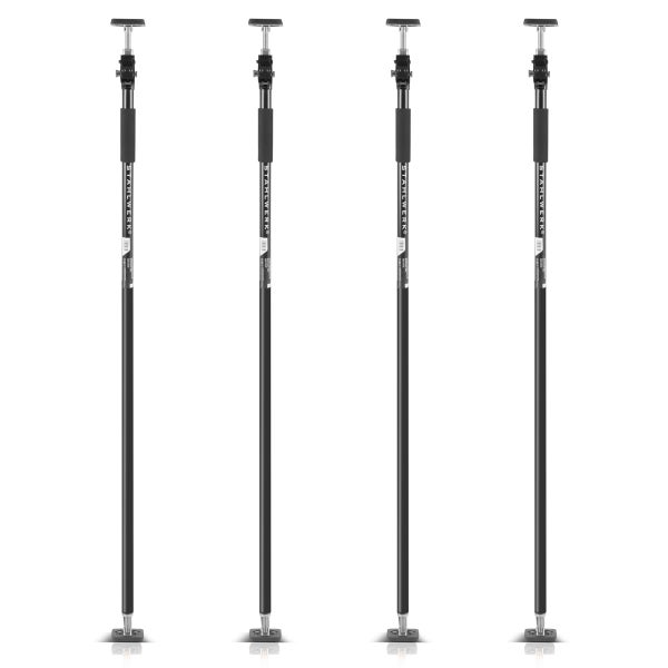 Set aus vier schwarzen Stahlwerk Deckenstützen, teleskopierbar mit gummierter Auflagefläche und Schaumstoffgriff für Montagearbeiten.