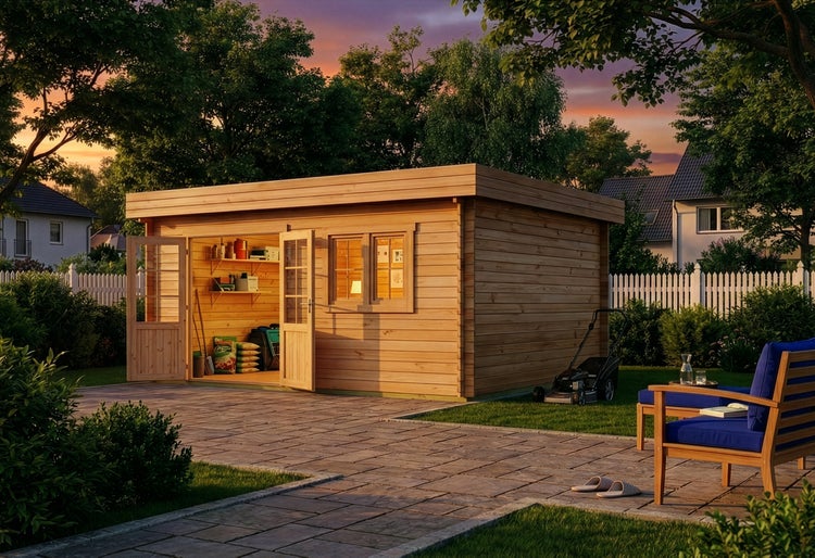 Gartenhaus aus Holz mit Flachdach, Fenstern, Doppeltüren und Regalen in einem organisierten Garten mit gepflasterter Terrasse und Rasenmäher.