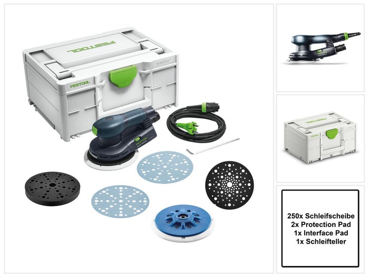 Festool ETS EC 150/5 EQ-Plus Exzenterschleifer 400 W 150 mm Brushless + 250x Schleifscheibe + 2x Protection Pad + Interface Pad + Schleifteller + systainer