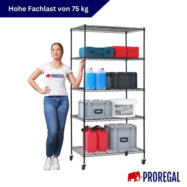 Schwarzes Gitterregal auf Rollen mit fünf Fachböden, Fachlast von 75 Kilogramm, beladen mit Boxen und Kanistern, Proregal Logo.