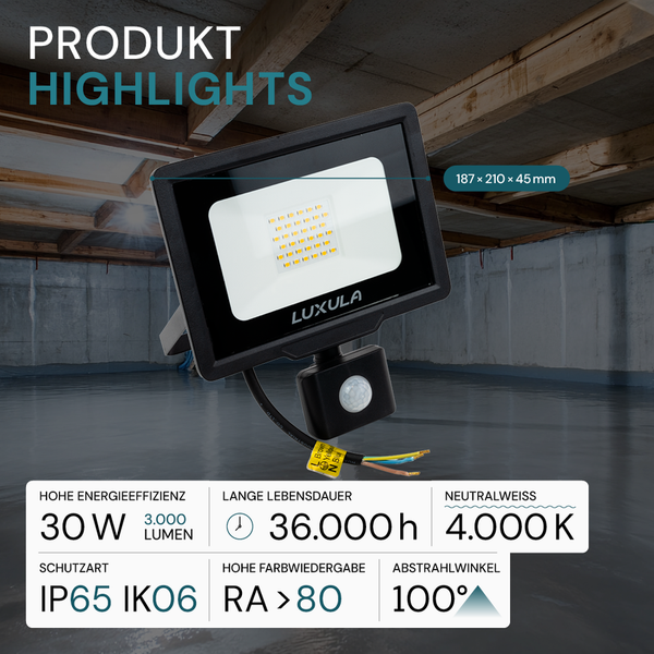 LUXULA LED Außenstrahler mit Bewegungsmelder 30W Strahler 4000K Neutralweiß 3000lm Fluter Schwarz IP65
