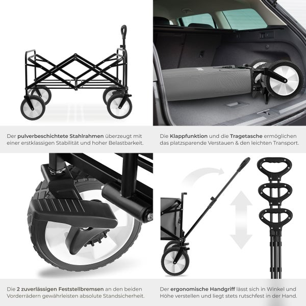 Bollerwagen mit Stahlrahmen, Feststellbremsen, ergonomischem Handgriff und Tragetasche
