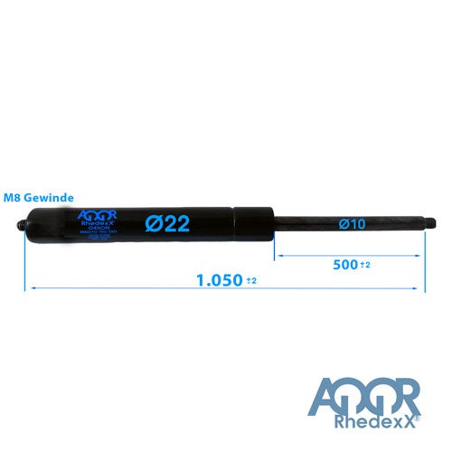 Gasdruckfeder RhedexX mit M8 Gewinde, Durchmesser 22 Millimeter, Hub 500 Millimeter, Gesamtlänge 1050 Millimeter und AQOR RhedexX Logo.