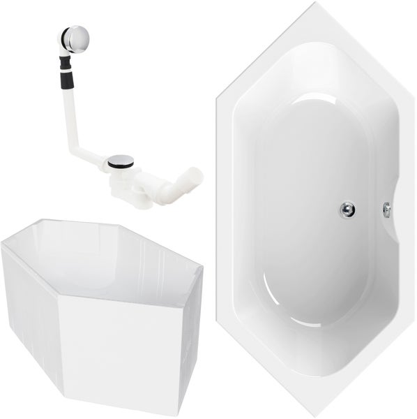 Calmwaters® Sechseck Badewanne Komplettset 190x90 cm mit Wannenträger & Ablaufgarnitur, Acrylwanne Exclusive, Duo-Badewanne für 2, Set Badewanne komplett, 6 Eck Badewanne 190 x 90, Weiß, 99000014