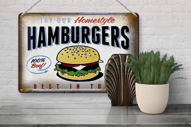 Blechschild Spruch 30x20cm Hamburger best in town 100% Beef