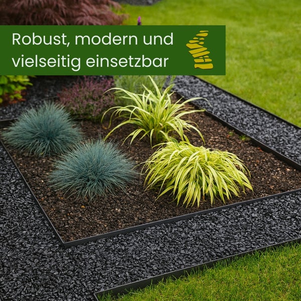 Beetbegrenzung aus Metall mit Pflanzen und Steinen im Garten