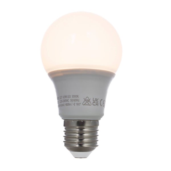LED-Leuchtmittel mit E27-Sockel, 4,9 Watt, 480 Lumen, 3000 Kelvin warmweißes Licht, mattiert.
