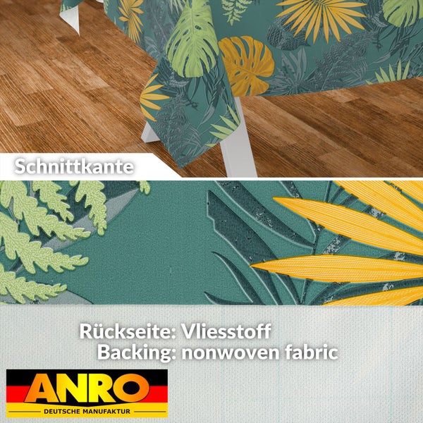 Wachstuch-Tischdecke mit tropischem Blättermuster, Detailansicht der Schnittkante und der Rückseite aus Vliesstoff, ANRO Logo.