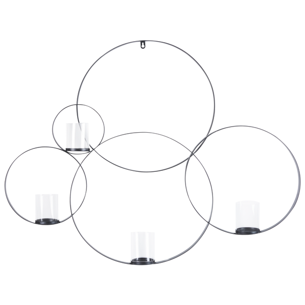 Dekorative Wandkerzenhalterung mit Metallkreisen und Glaseinsätzen für Kerzen