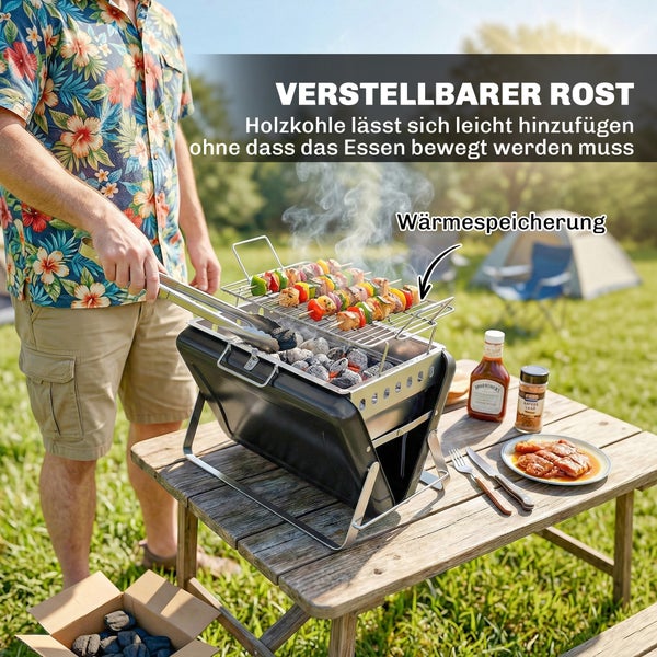 Tragbarer Holzkohlegrill auf einem Holztisch mit verstellbarem Rost zum einfachen Nachfüllen von Kohle. Grillspieße garen über der Glut.