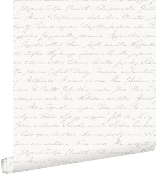 ESTAhome Tapete handgeschriebene lateinische Blumennamen Silber - 53 cm x 10.05 m - 128031