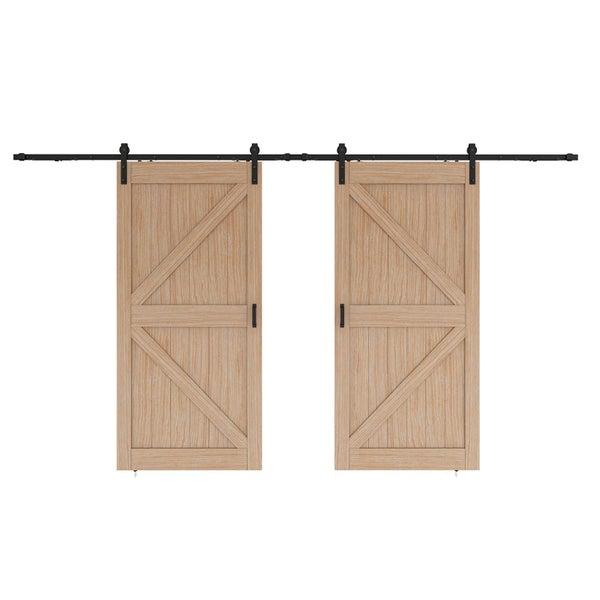 Holzschiebetür Komplettset Scheunentor Eiche Doppelflügelig Beschlag in schwarz - 2050x2150mm