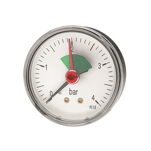 Manometer mit einer Skala von 0 bis 4 bar, rundes Metallgehäuse mit Glasfront, Druckanzeige für Heizung und Sanitär.