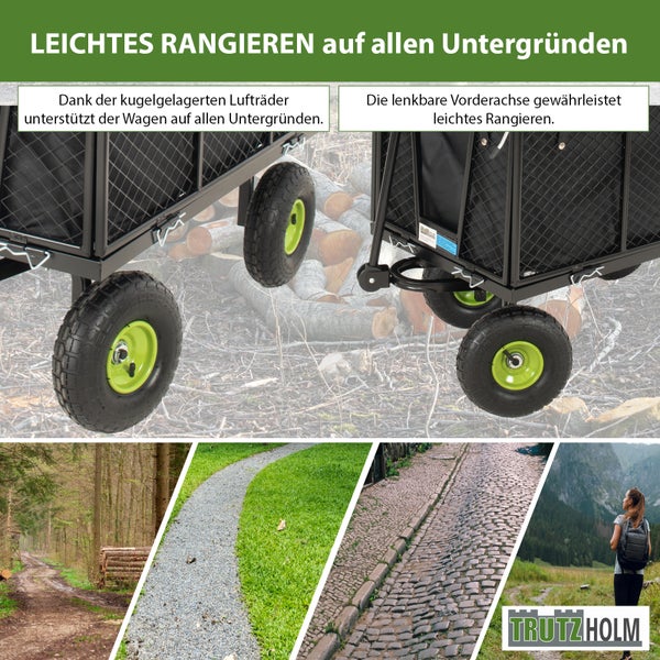 Bollerwagen mit Luftreifen und lenkbarer Vorderachse für leichtes Rangieren auf jedem Untergrund