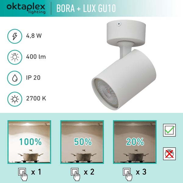 Bora Deckenstrahler GU10 dimmbar 400lm 2700K warmweiß 1-flammig Spotleuchte weiß für Decke Wandmontage modern elegant