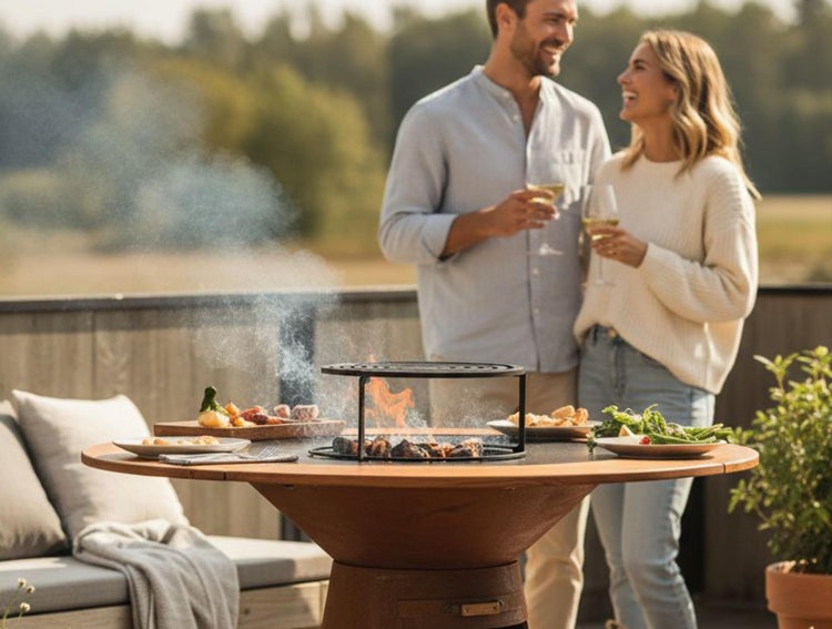Terrasse mit Grilltisch, Paar und Speisen für eine angenehme Atmosphäre
