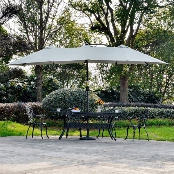 Outsunny Sonnenschirm mit LED Solar 4,5m Doppelsonnenschirm Gartenschirm Marktschirm Terrassenschirm Oval Hellgrau+Schwarz