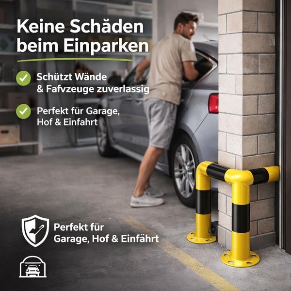 Gelb-schwarzer Rammschutz aus Metall an einer Wandecke in einer Garage schützt Auto und Mauerwerk beim Einparken.