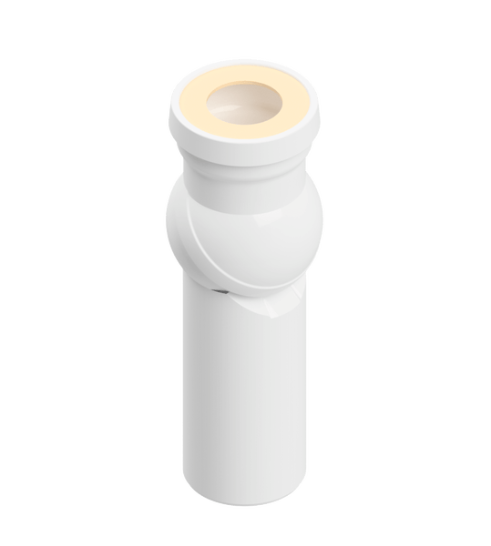 Flexibler Siphonanschluss aus weißem Kunststoff mit Kugelgelenk und Dichtung.