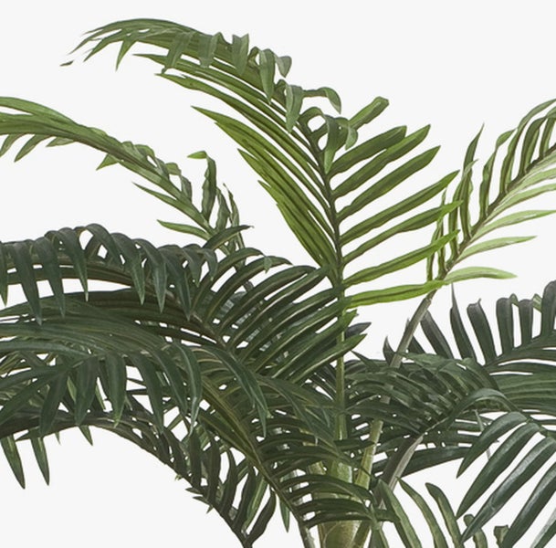 Künstliche Gloriosa Lilie mit zwei weißen Blüten, grünen Blättern und grünem Stängel.