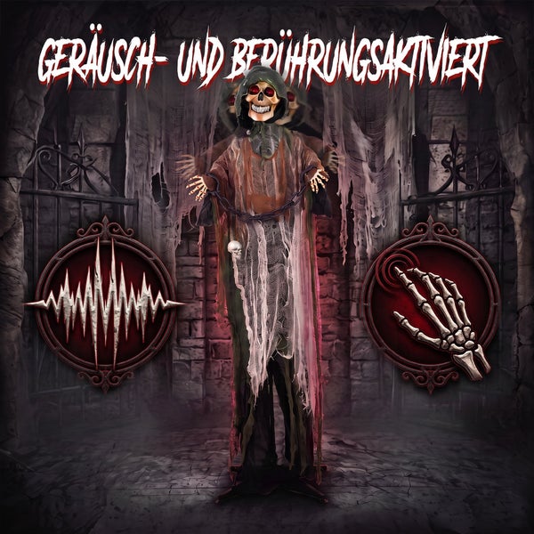 Halloween Deko Skelett Figur mit Geräusch- und Berührungssensor zur Aktivierung vor einem düsteren Hintergrund.