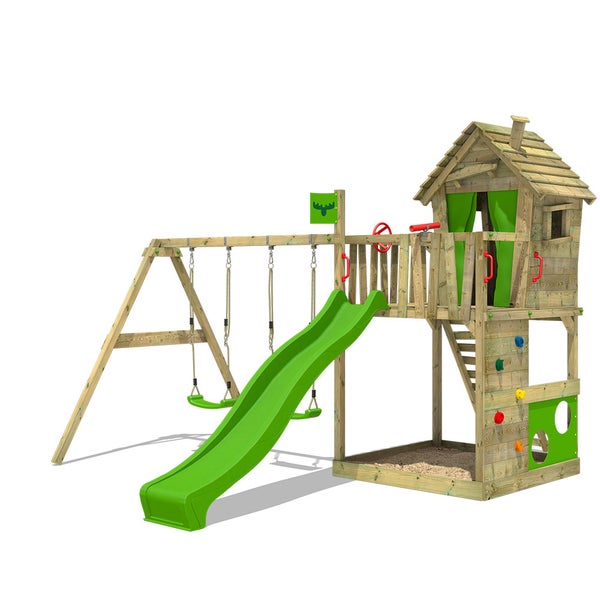 FATMOOSE Spielturm Klettergerüst HappyHome mit Schaukel und Rutsche, Spielhaus mit Sandkasten, Leiter und Spiel-Zubehör - apfelgrün