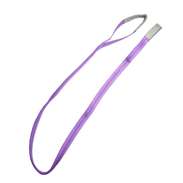Ein violettes Hebeband mit zwei verstärkten Schlaufenenden für Hebearbeiten im industriellen oder privaten Bereich.