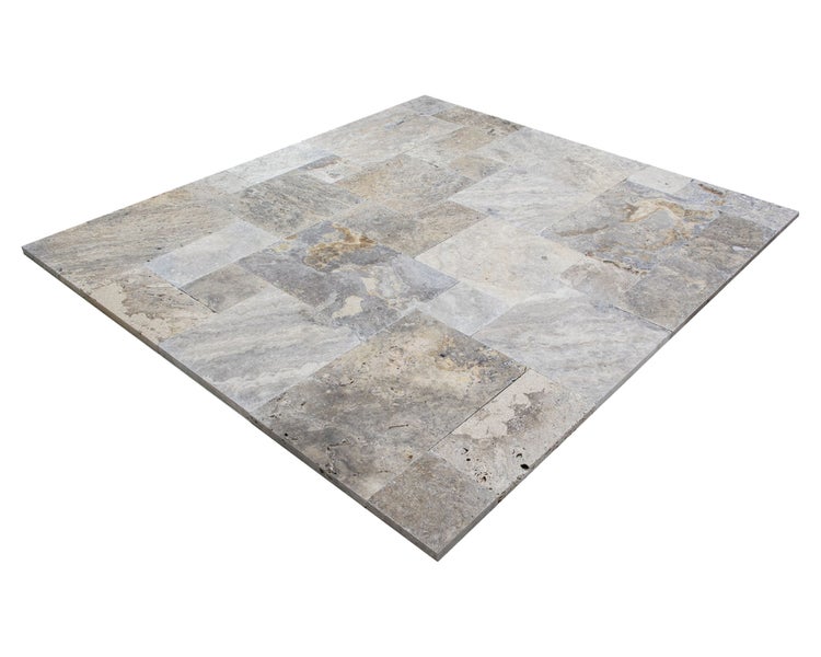 Wohnrausch Travertin Terrassenplatten RUSTIC SILVER Römischer Verband 3 cm, getrommelt, grau, beige, bernstein-braun