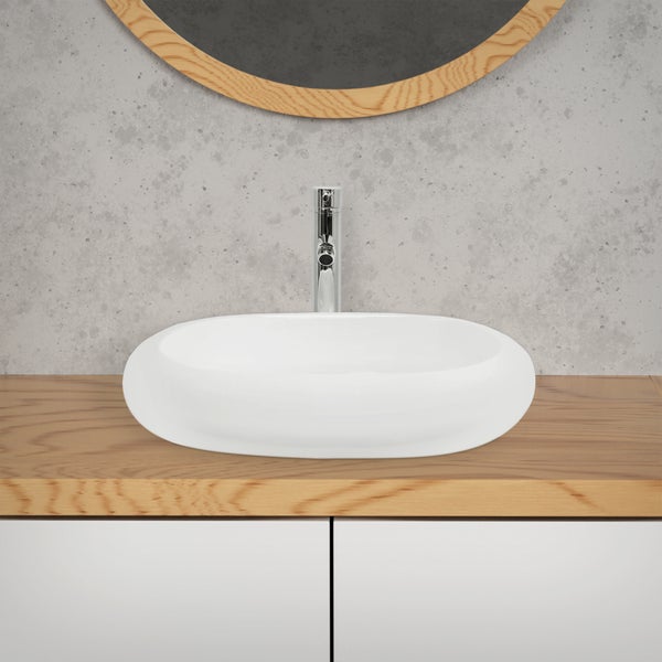 ECD Germany Waschbecken Waschtisch 630x420x120 mm inkl. Ablaufgarnitur für Waschbecken ohne Überlauf Keramik Oval Weiß Aufsatzbecken Aufsatzwaschbecken Waschschale Aufsatzwaschtisch Spülbecken Becken