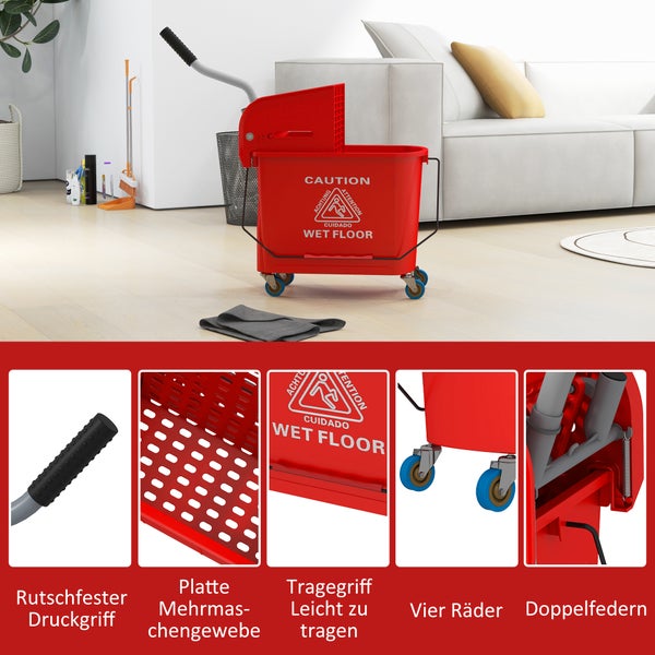 Roter Reinigungswagen mit Wischmop Presse und vier Rädern zur Bodenreinigung in einem Wohnraum.
