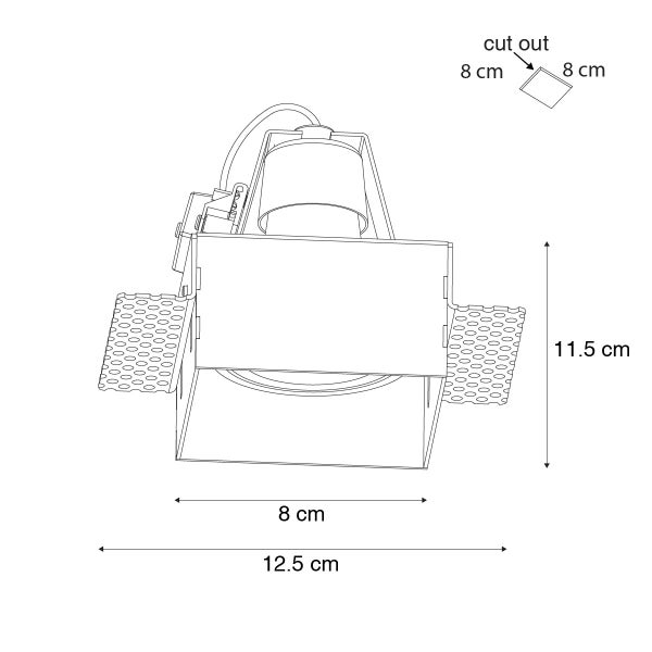 Technische Zeichnung Einbaustrahler: Breite 8 Zentimeter, Gesamtbreite 12,5 Zentimeter, Höhe 11,5 Zentimeter. Ausschnitt 8 mal 8 Zentimeter.