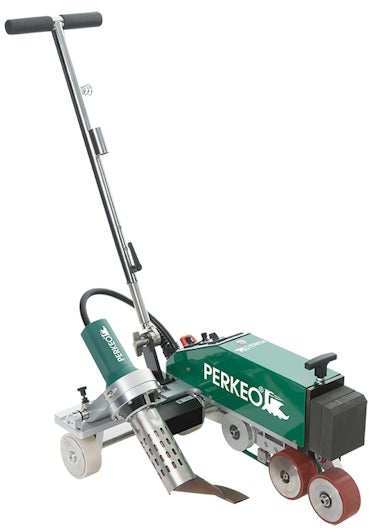 Grüner PERKEO Heißluft-Schweißautomat für Dachbahnen mit verstellbarer Führungsstange aus Metall.