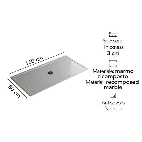 Rechteckige Duschwanne aus Gussmarmor, 160 mal 80 Zentimeter, 3 Zentimeter dick, rutschfeste Oberfläche.