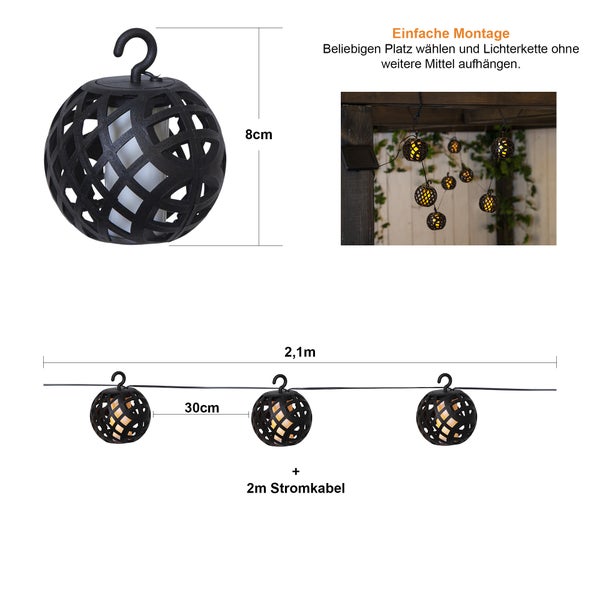 Dekorative Lichterkette mit runden Lampenschirmen, Gesamtlänge 2,1 Meter, mit 2 Meter Stromkabel