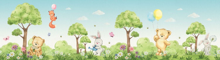 Illustrierte Waldlandschaft mit Tieren für Kinderzimmergestaltung