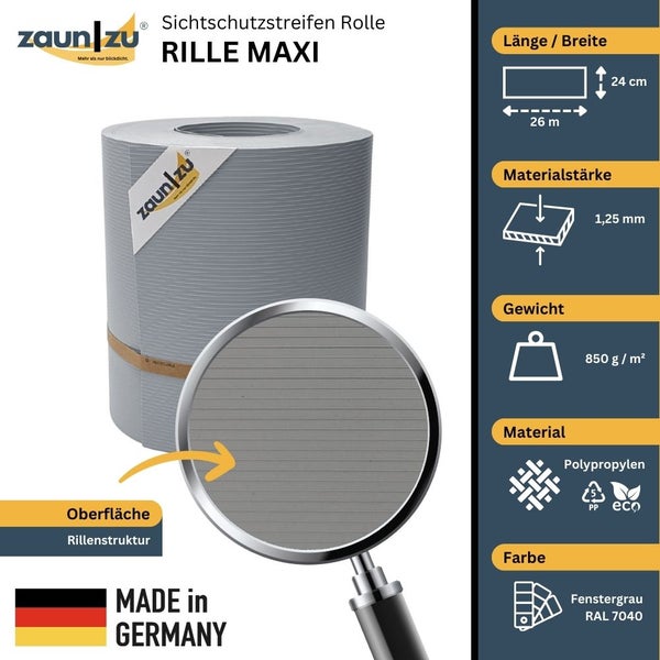 Zaun zu Sichtschutzstreifen Rolle Rille Maxi aus Polypropylen, 26 Meter lang und 24 Zentimeter breit