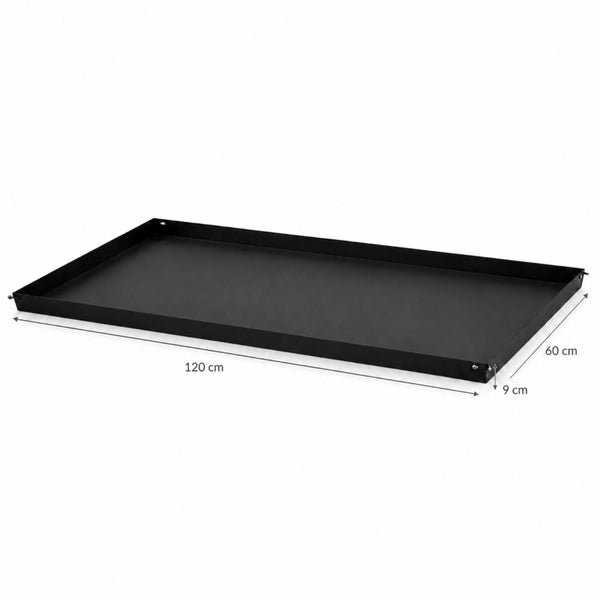 Schwarze Metallwanne mit den Maßen 120 Zentimeter Länge, 60 Zentimeter Breite und 9 Zentimeter Höhe.