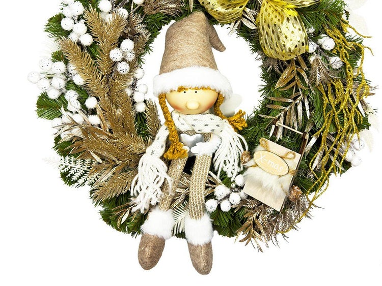 Weihnachtskranz mit dekorativer Wichtelfigur und Holzschlitten Anhänger als festliche Türdekoration oder Wanddekoration