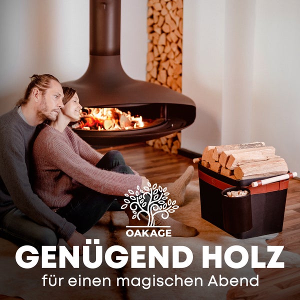 OAKAGE® LuxeLeather Duo Holzkorb Veganes Leder - mit ausreißsicheren Holzgriffen - 50x40x35cm