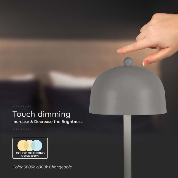 V-TAC VT-1052-G - Grey Rechargeable Table Lamps - IP20 - 3W - 200 Lumen - 3IN1