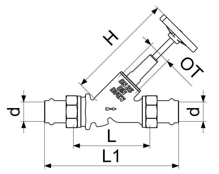 Technische Zeichnung eines Schrägsitzventils mit Maßangaben d, L, L1, H und OT sowie der Kennzeichnung DN 25 und DVGW.