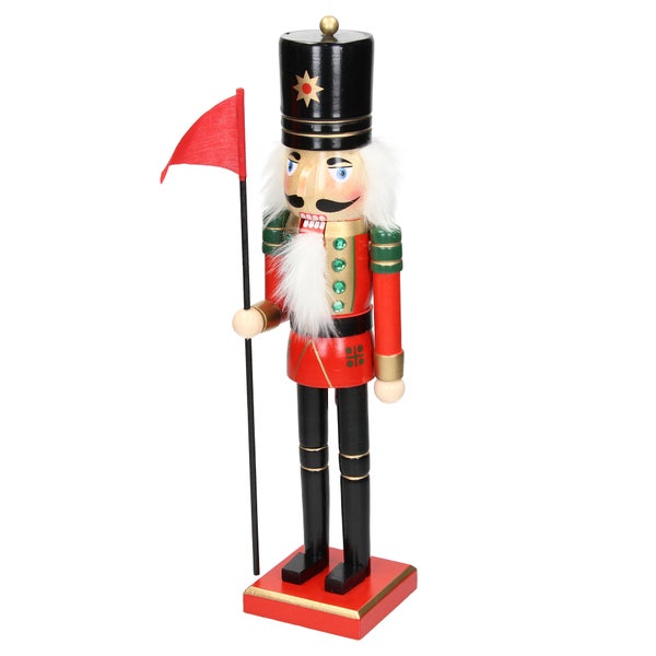 ECD Germany Nussknacker Figur Soldat 25cm mit schwarzer Hut, Fahne, aus Holz, Unikat, handbemalt, Weihnachten Holzfigur Puppet Marionette Ornament Traditioneller Nussbrecher Weihnachtsdeko Deko Statue