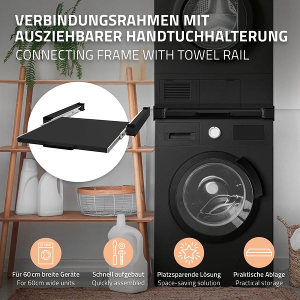 ML-Design Zwischenbaurahmen mit Ausziehplatte aus Stahl, 60x60 cm, Schwarz, Verbindungsrahmen für Waschmaschine/Trockner, Zwischenbausatz mit Auszug als Ablage für Wäschekorb, Zwischenrahmen Universal