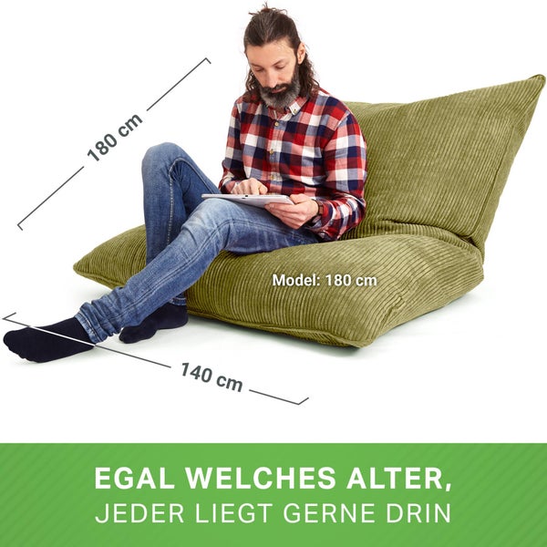 Green Bean XXL Sitzsack aus Cordstoff 370 Liter EPS-Perlen Füllung - Kuschelig Weich Robust & Waschbarem-Stoff Bodenkissen Liegekissen Sitzkissen - Grün