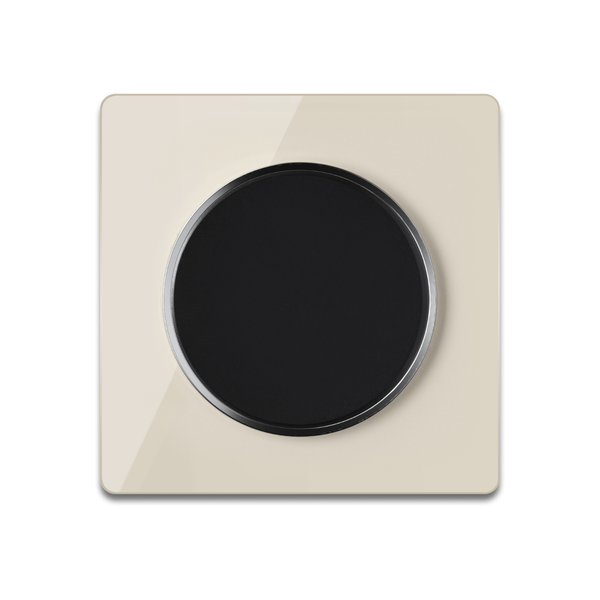 Ein quadratischer Unterputz Drehdimmer mit einer glänzenden Oberfläche und einem runden Bedienelement in der Mitte.