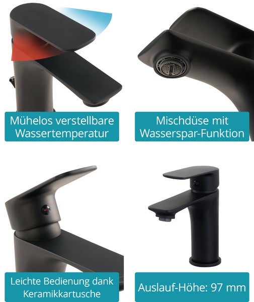 Calmwaters® Schwarze Waschtischarmatur Soft Flat, mit Wassersparmischdüse, Excentergarnitur, Keramikkartusche, leichte Montage, Einhebelmischer, 14PZ6199