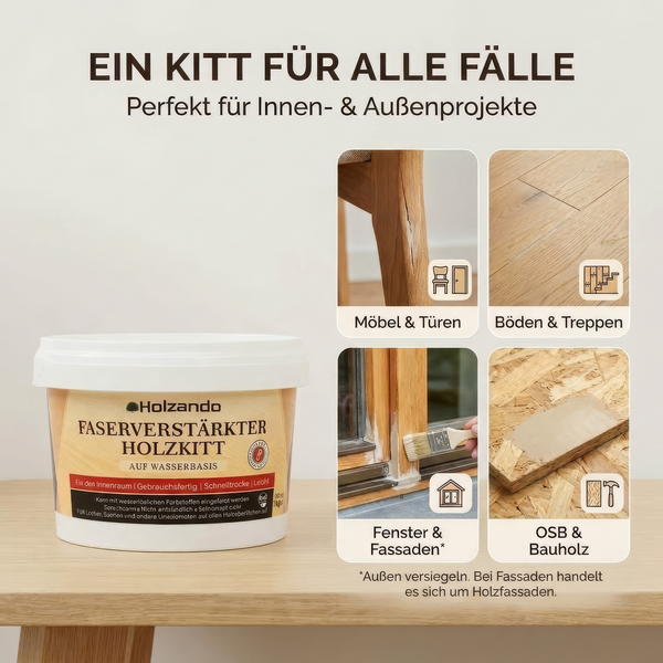 Holzando faserverstärkter Holzkitt für innen und außen: Möbel, Türen, Böden, Treppen, Fenster, Fassaden, OSB und Bauholz.